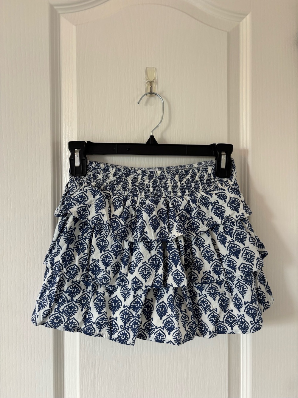 Subdued Smocked Waist Navy and White Printed Mini Skirt with built in shorts